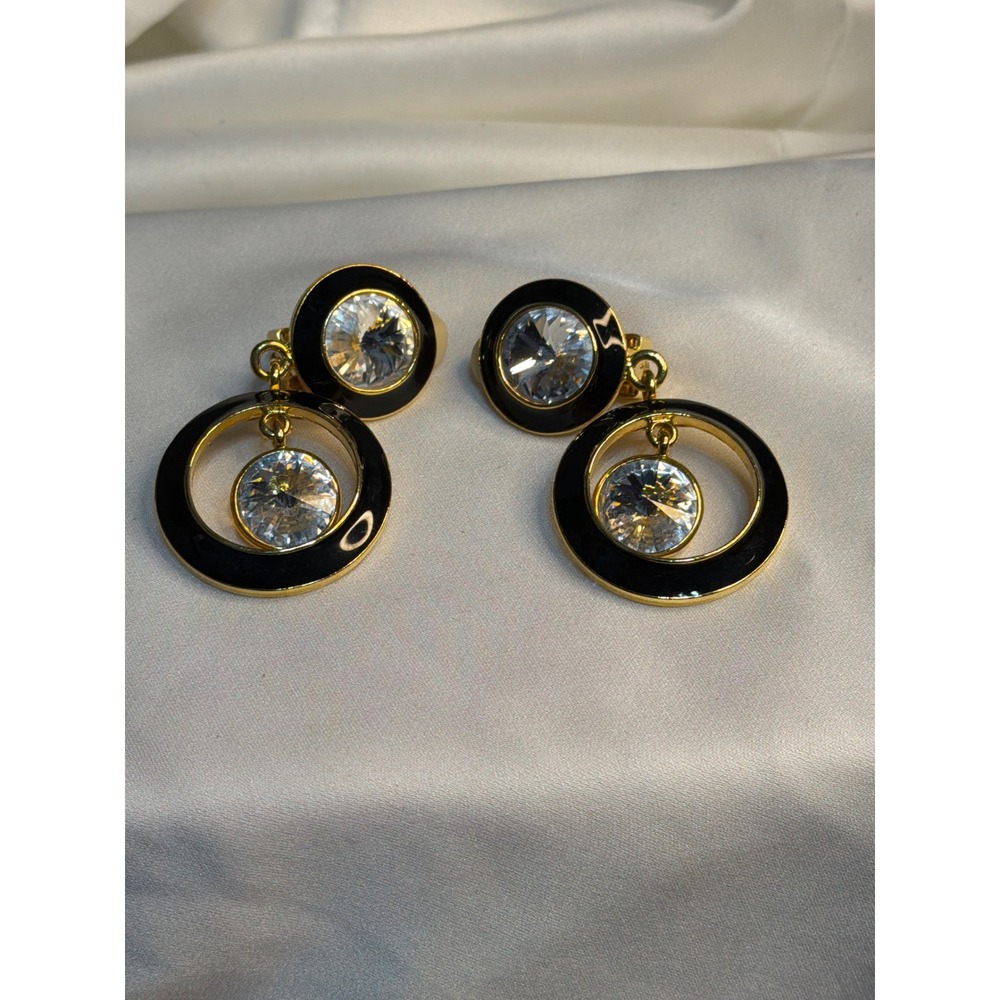 Bijoux New York Designs Vintage Black Enamel Crystal Clip On Drop Earrings